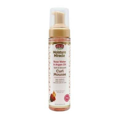 African Pride Moisture Miracle Rose Water and Argan Oil Curl Hair Mousse Flexible Hold 8.5 Oz