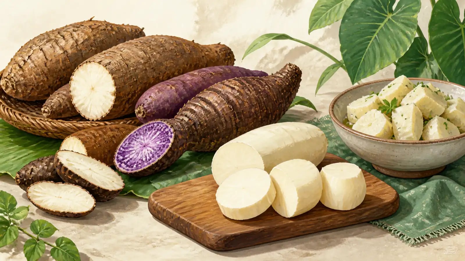 Illustration de plusieurs racines tropicales entières, coupées et cuites