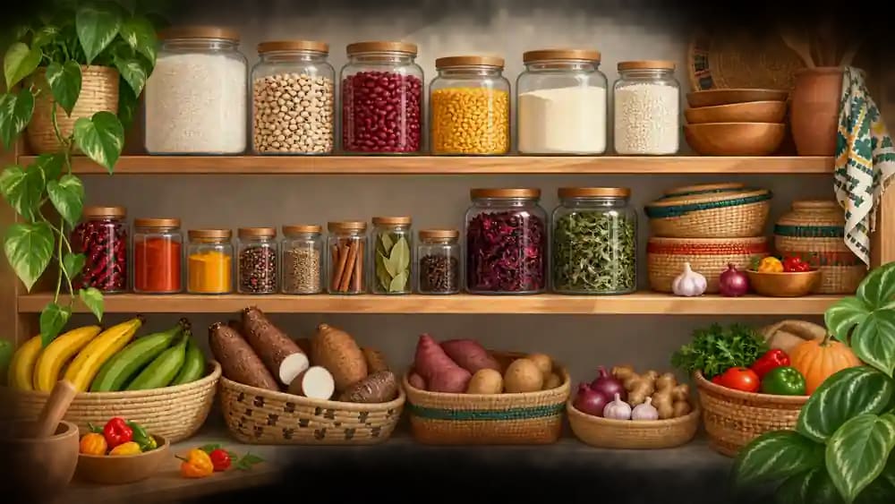 Illustration d’un garde-manger organisé avec bocaux, épices, céréales et racines