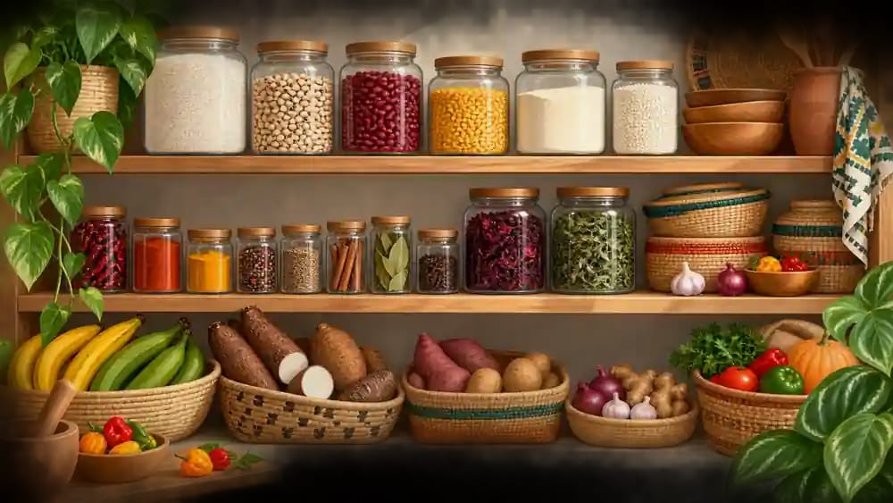 Illustration d’un garde-manger organisé avec bocaux, épices, céréales et racines