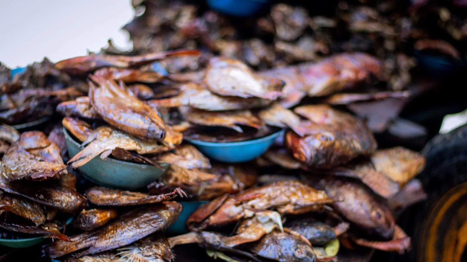 Poissons fumés présentés dans des bassines sur un étal de marché